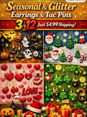 3/$12 ALL SEASONAL & GLITTERED EARRINGS & TAC PINS $4.99 SHIPPING